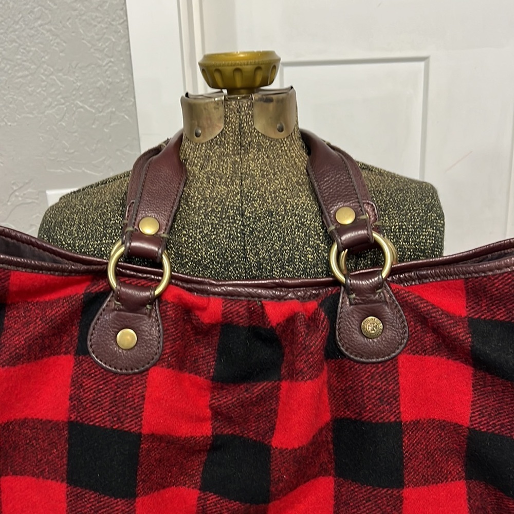 Lucky Brand Buffalo Plaid Red Black Wool Cotton Leather Large Tote Shoulder Bag View 2